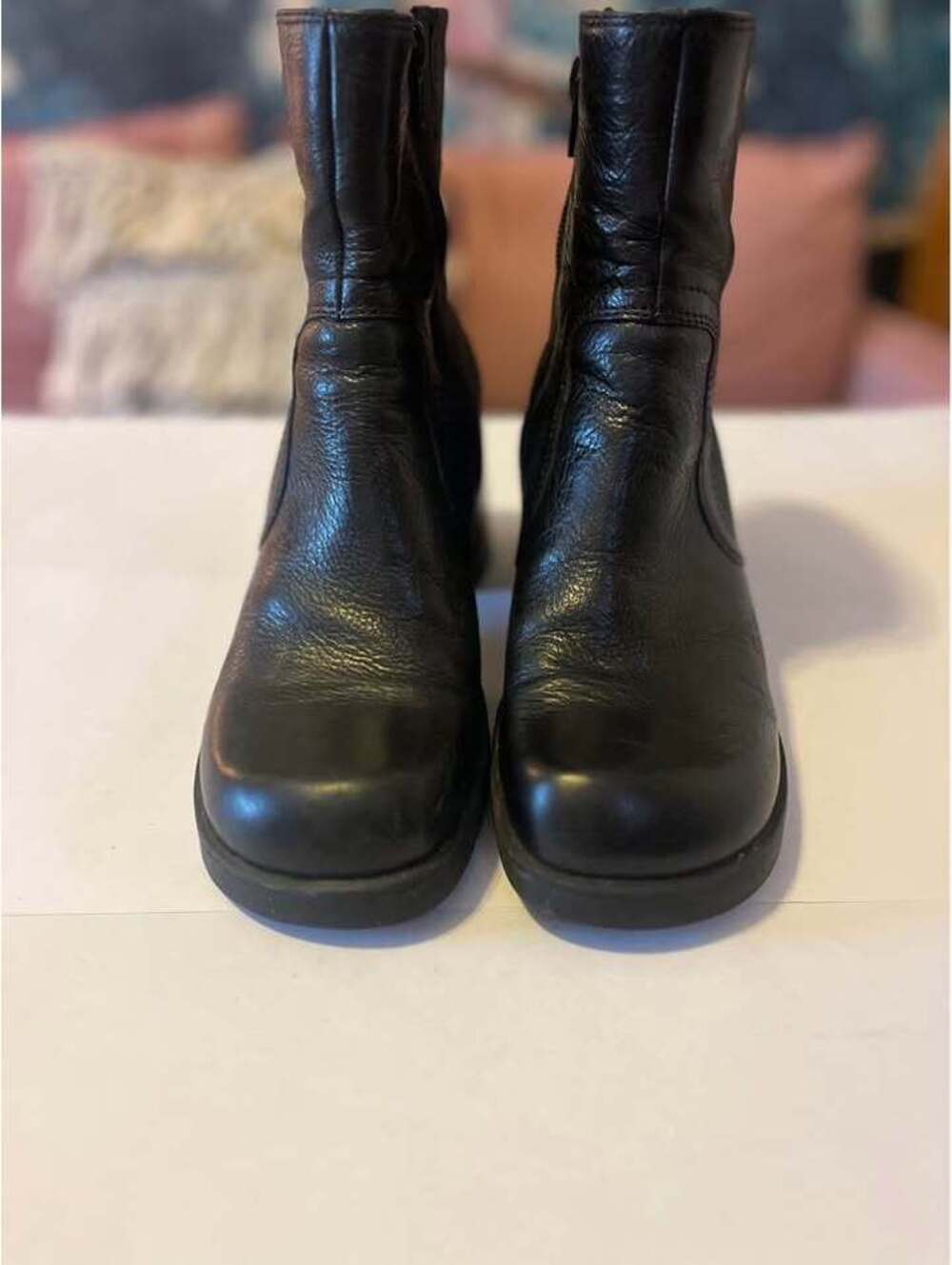 Black Leather Square Toe Chunky Heel Ankle Boots 90s Y2K Grunge